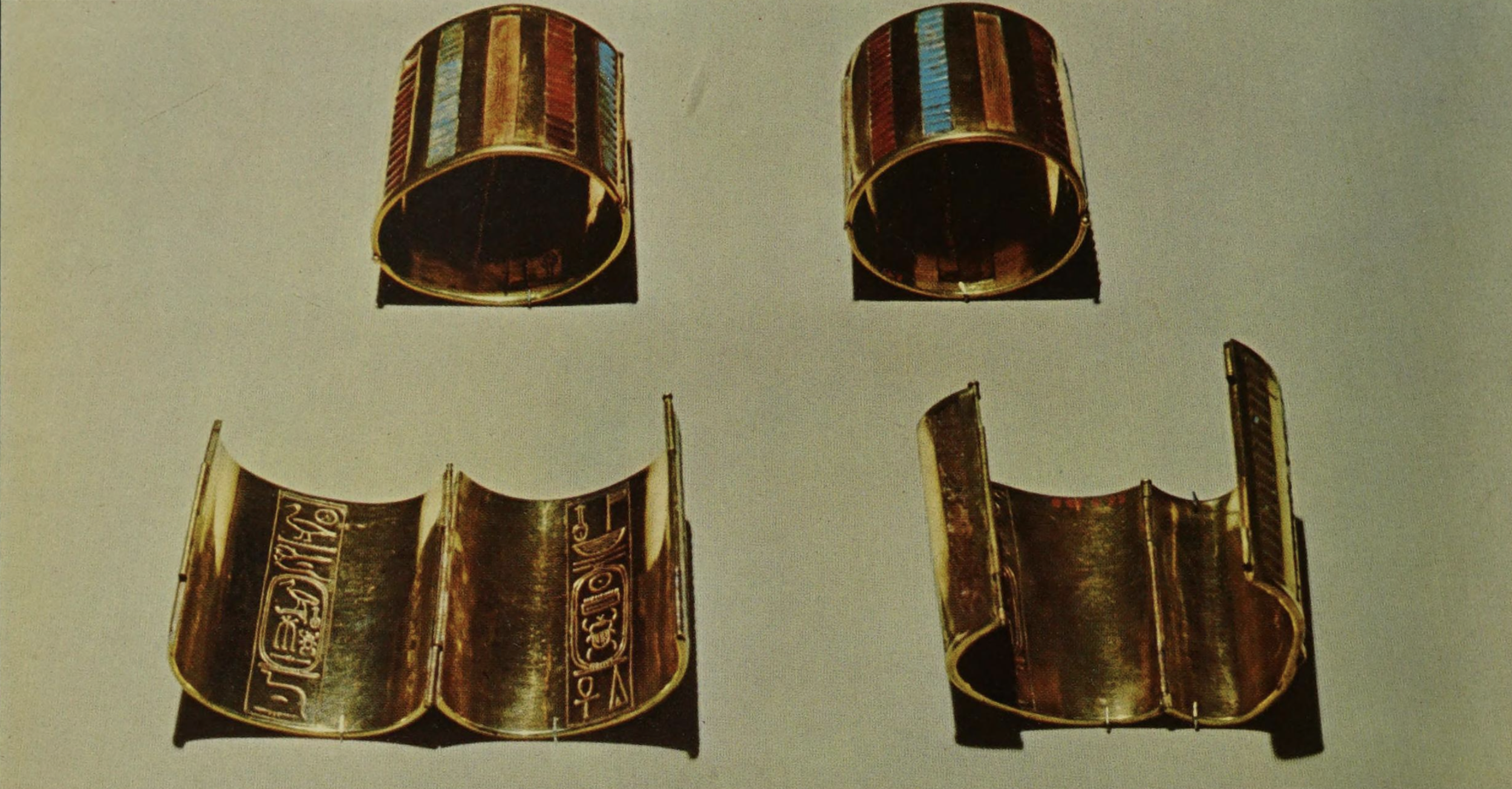 Hinged Gold cuff bracelets with carnelian and Turquoise associated with the tomb of three foreign wives of Thutmose III. 18th Dynasty, ca. 1479–1425 B.C.