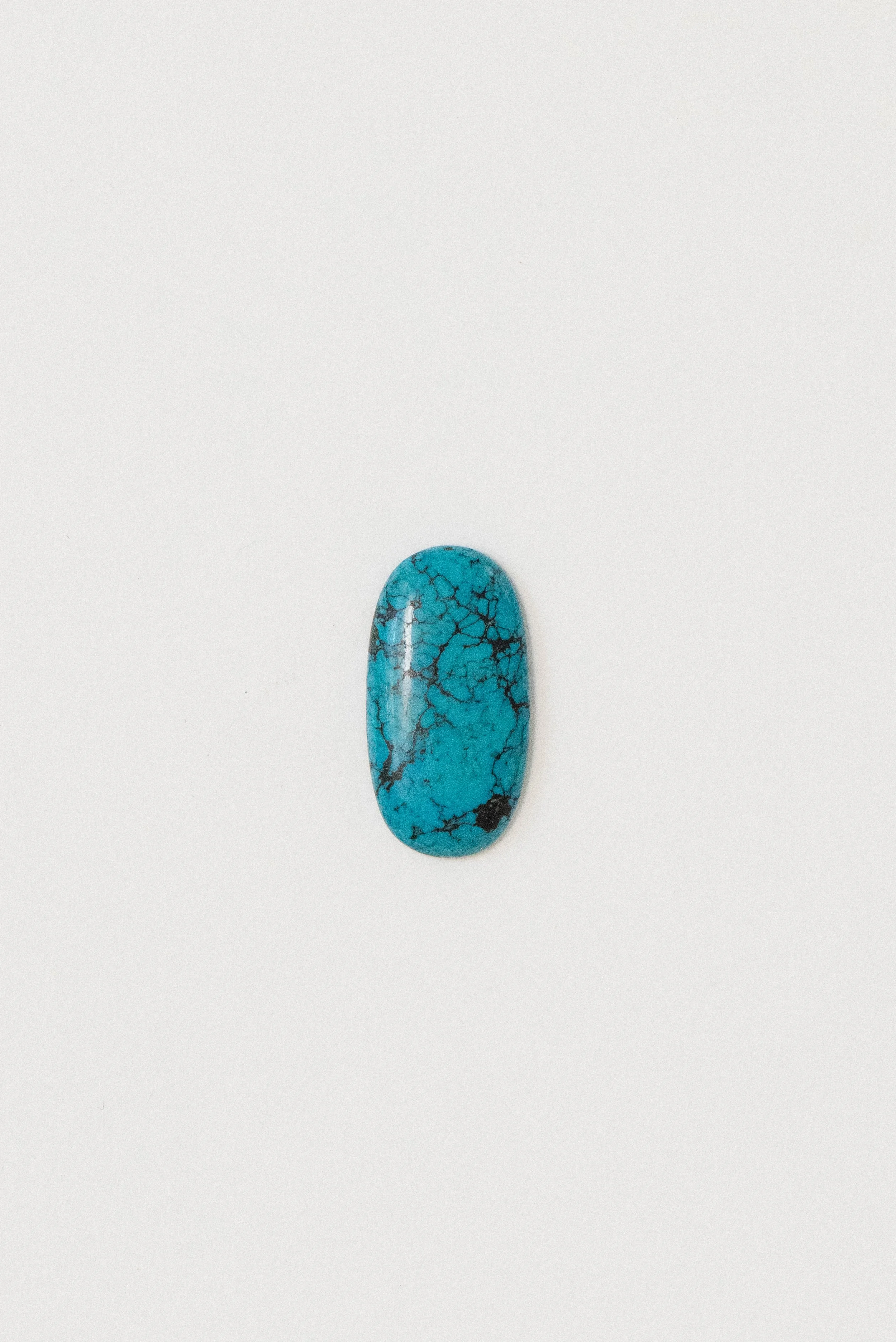 Polished turquoise cabochon with striking black matrix from Sinai, Egypt, photographed on a white background.