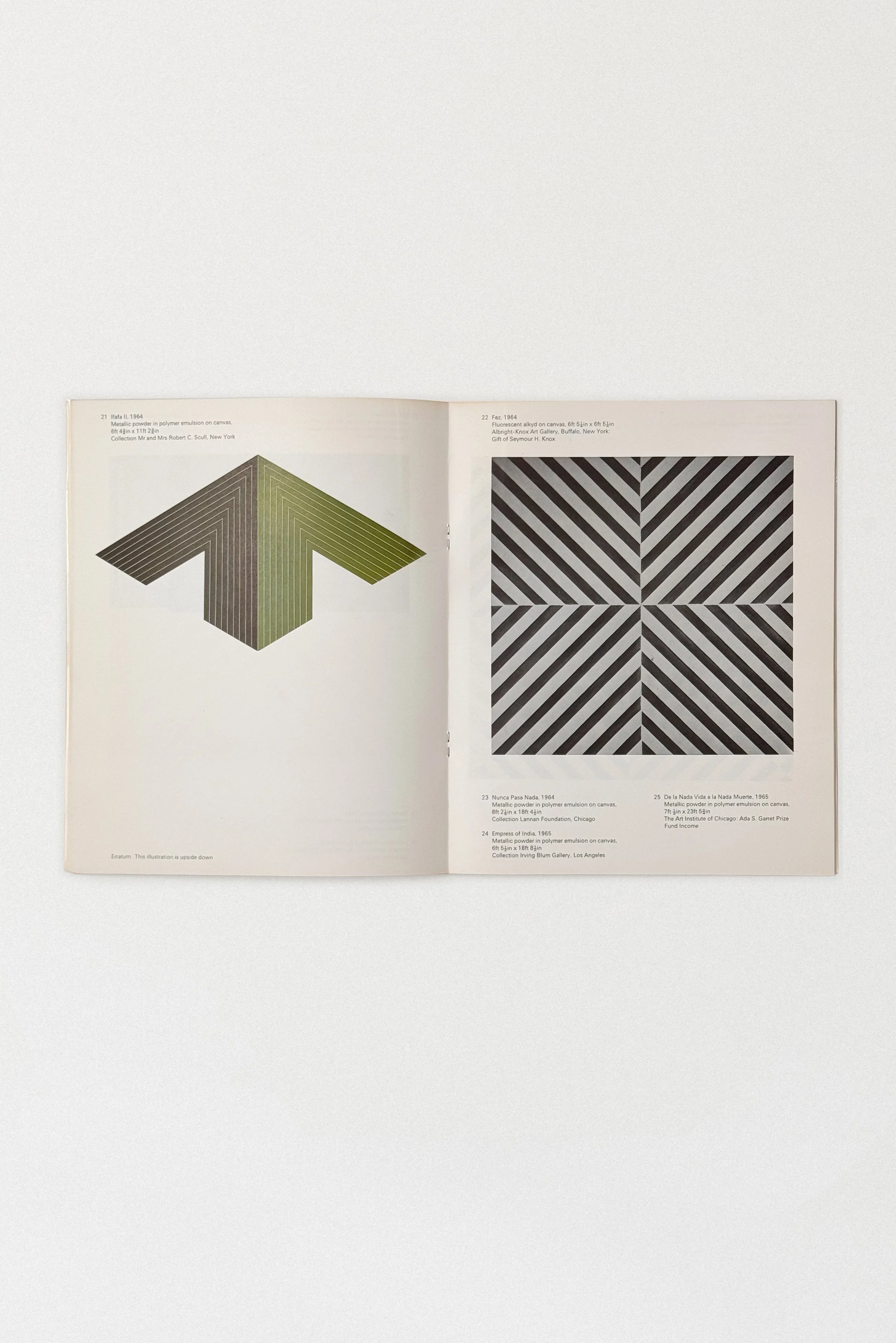 Interior spread from the 1970 Frank Stella retrospective catalog, featuring reproductions of geometric abstract paintings including “Malta” and “Fez,” with bold linear patterns and optical effects.