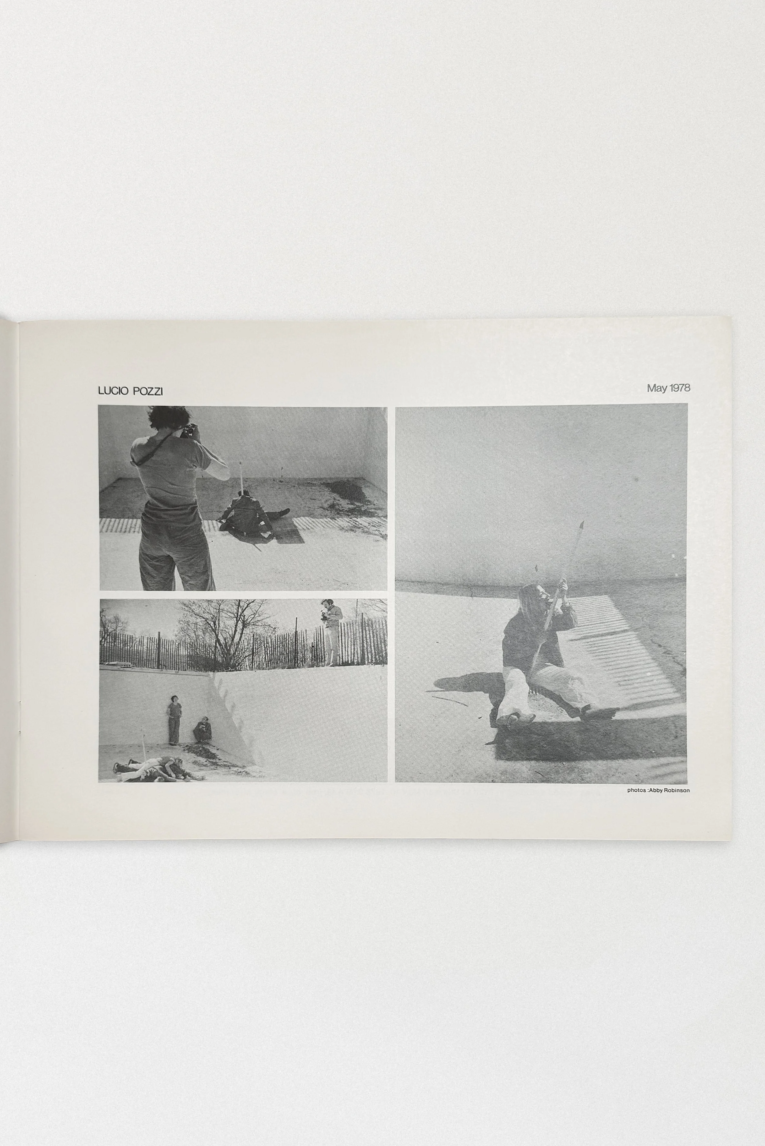 Documentation of Lucio Pozzi’s May 1978 pool performance, a durational action piece staged in an emptied pool and photographed by Abby Robinson.