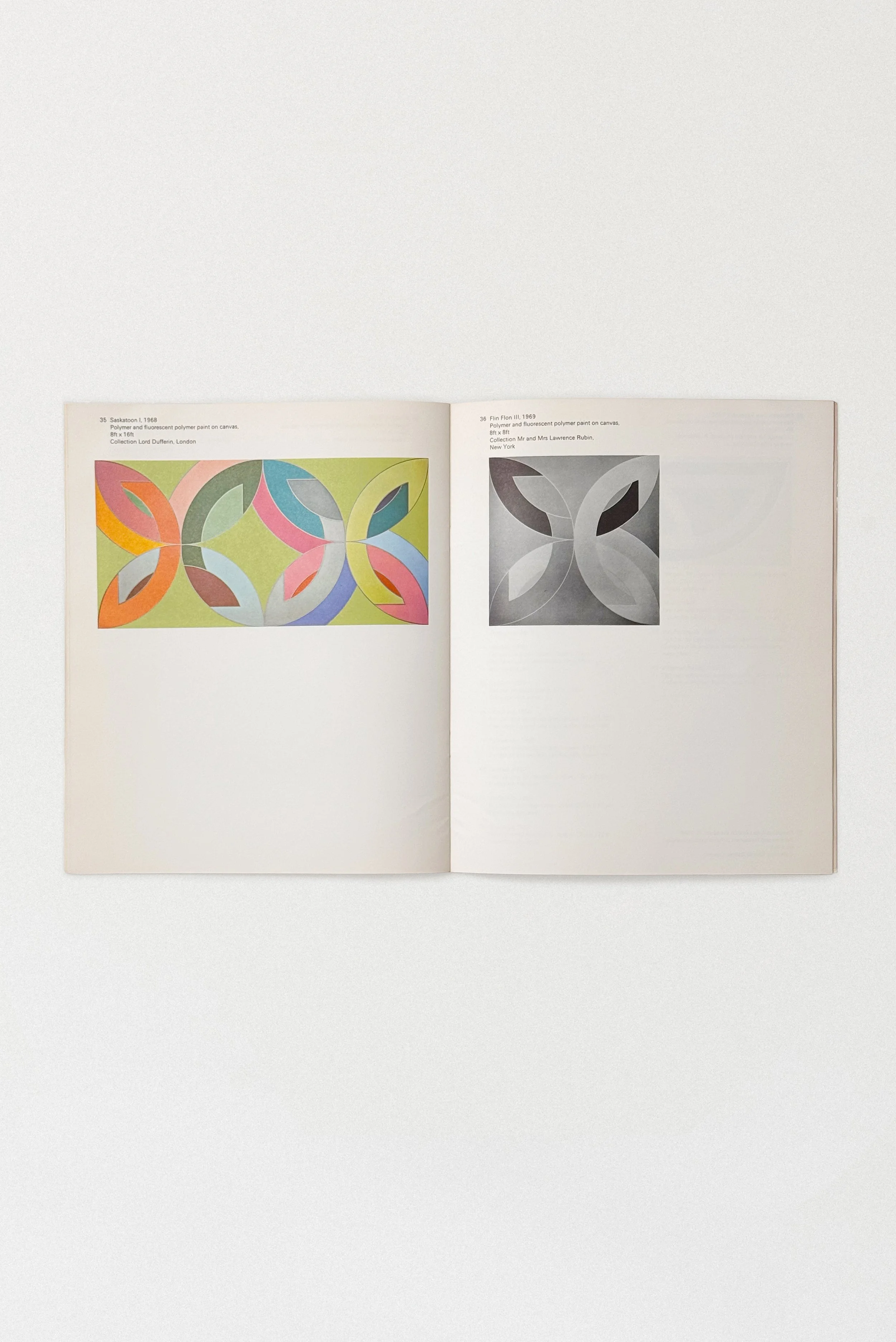 Interior spread from the 1970 Frank Stella Hayward Gallery retrospective catalog showing two abstract works.