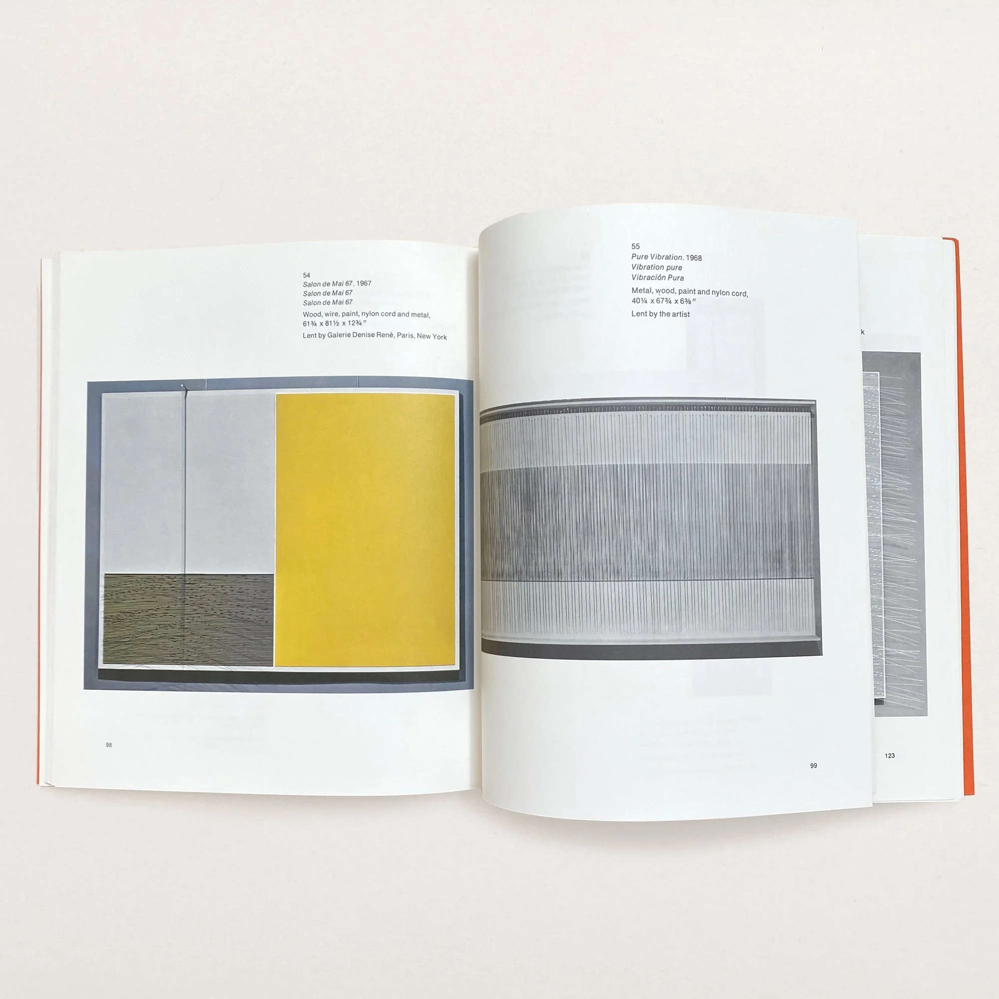Interior pages from SOTO: A Retrospective Exhibition (Guggenheim, 1974) showing Salon de Mai 47 (1967) and Pure Vibration (1968) by Jesús Rafael Soto, featuring kinetic compositions in color and line.