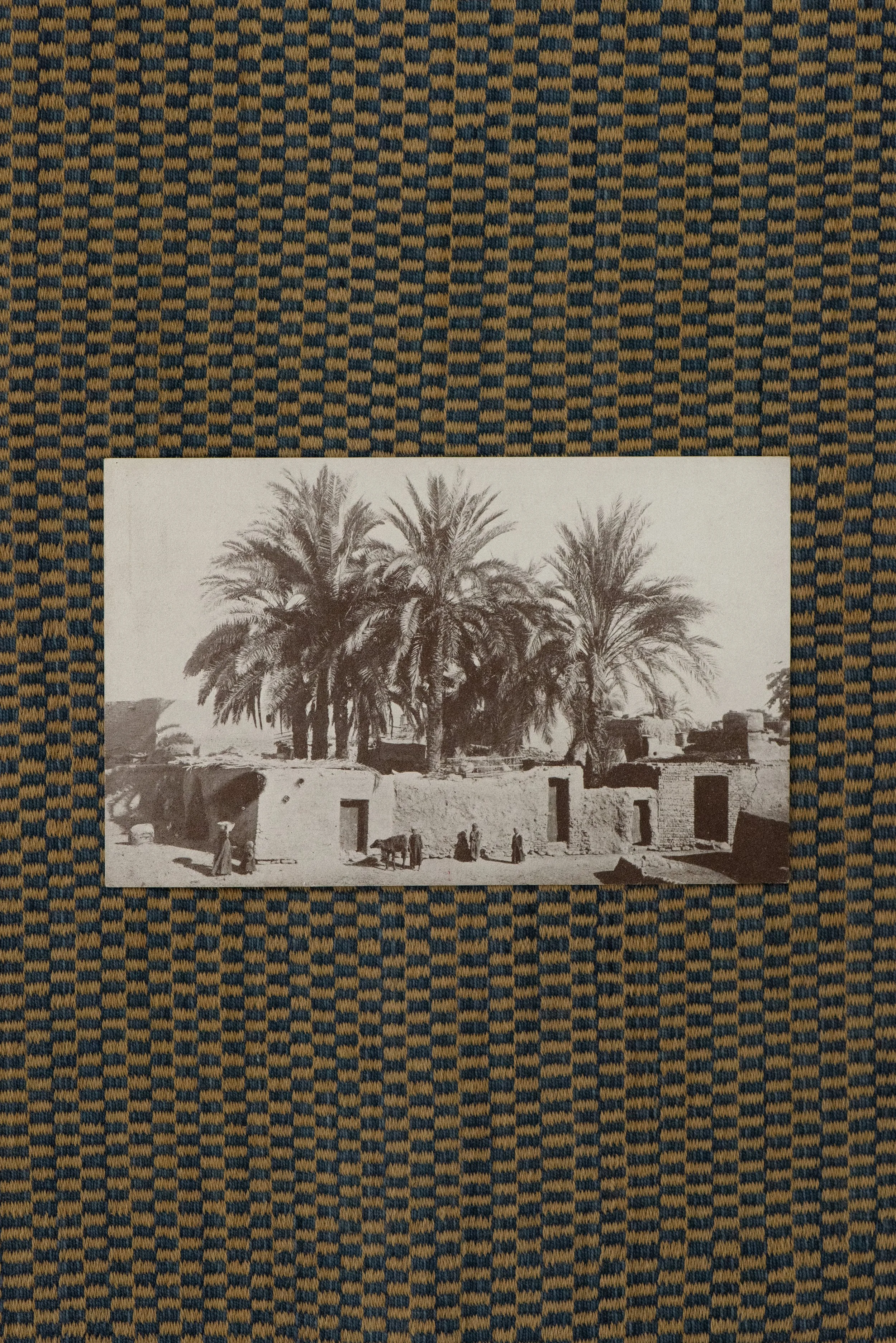 Vintage Egyptian postcard featuring a native village near Luxor with tall palm trees, adobe structures, and villagers.