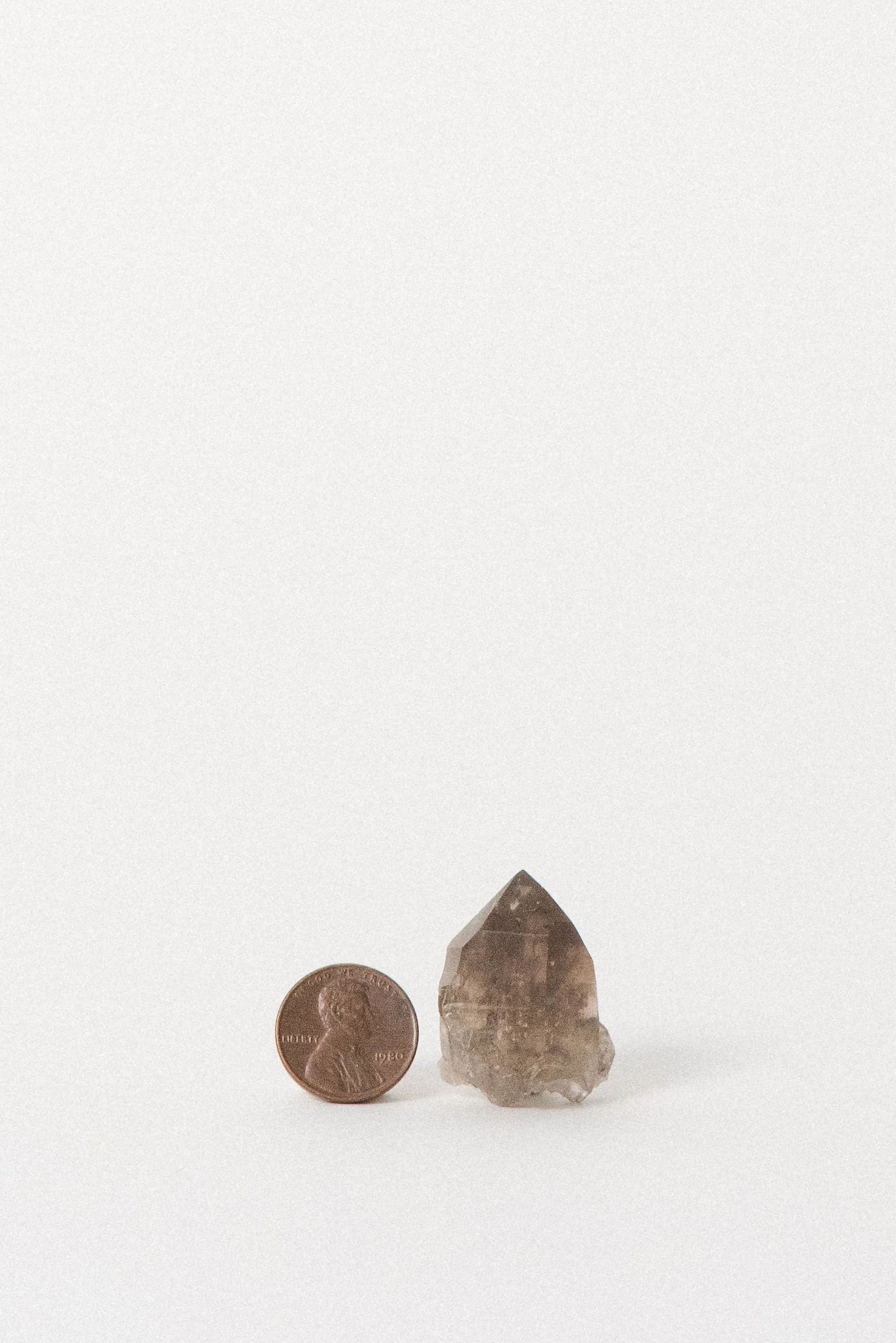 Upright smoky quartz point from L'Aiguille de Talèfre, photographed with penny for scale.