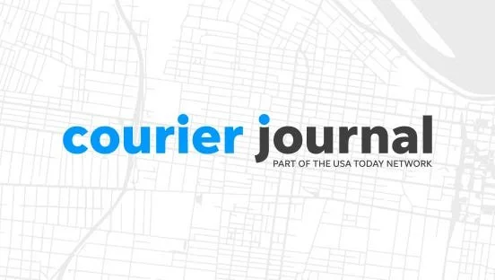 A grayscale street map of Louisville, KY topped with the words: Courier Journal - part of the USA Today Network. The word "courier" and the dot in the "j" are blue, while the rest of the letters are black.