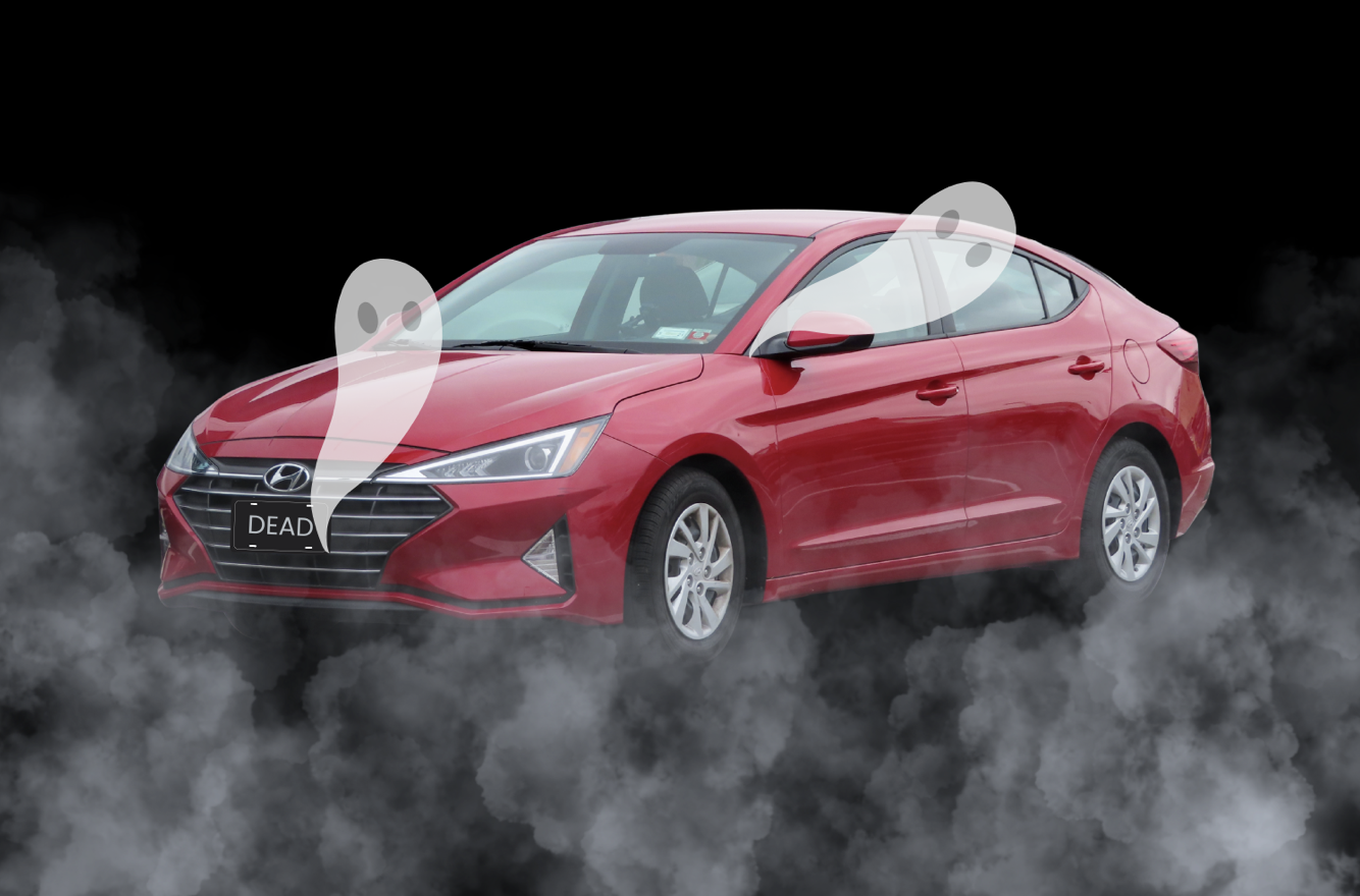 A red Hyundai sits on a black background in a fog of smoke, two cartoon ghosts emerging from its interior. The license plate says DEAD.