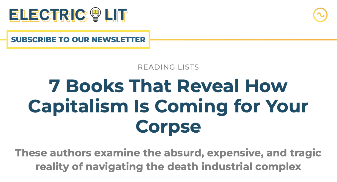 A screenshot from the Electric Lit website with the headline "7 Books that Reveal How Capitalism is Coming For Your Corpse"