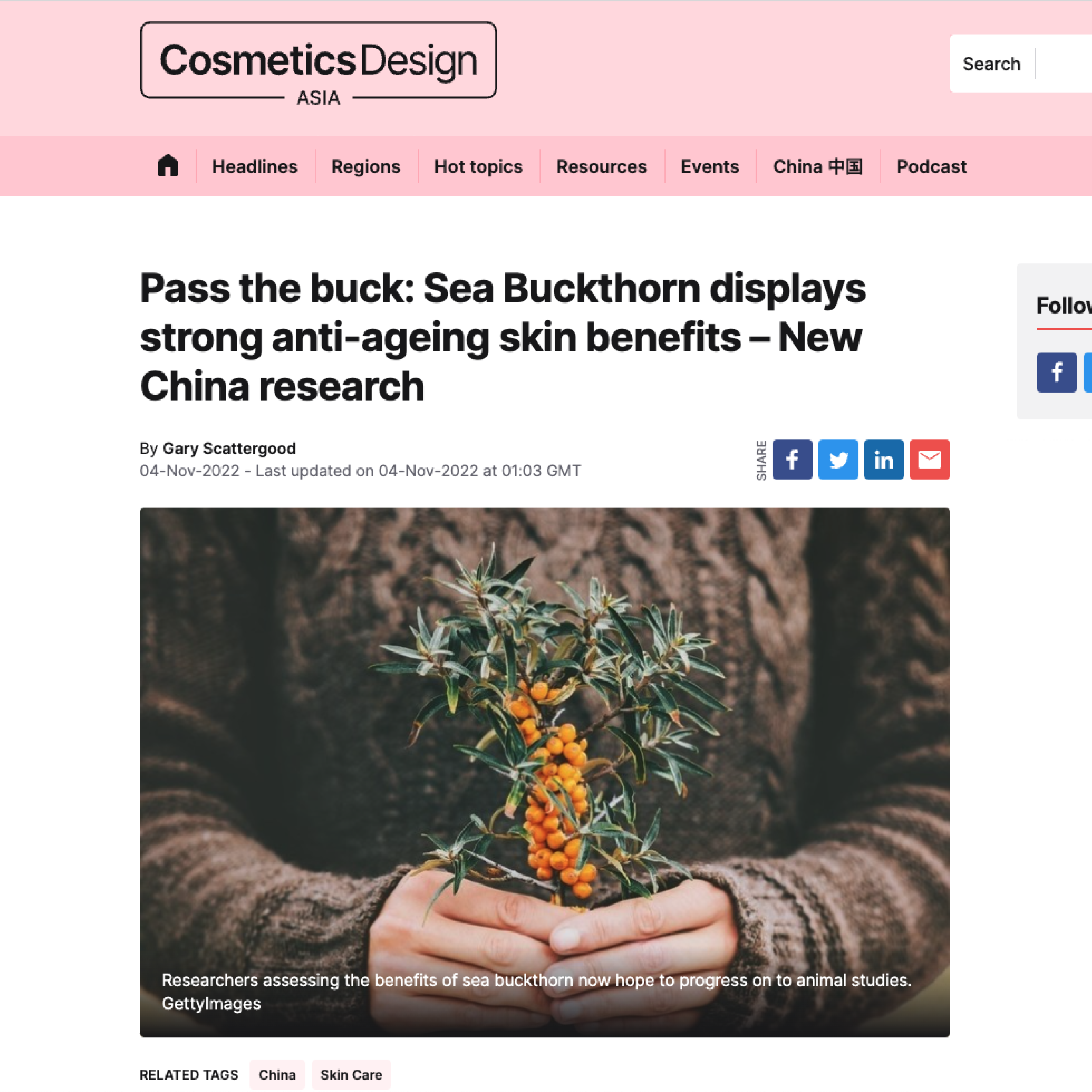 Sea Buckthorn shows Strong Anti-aging Skin Benefits – New Research