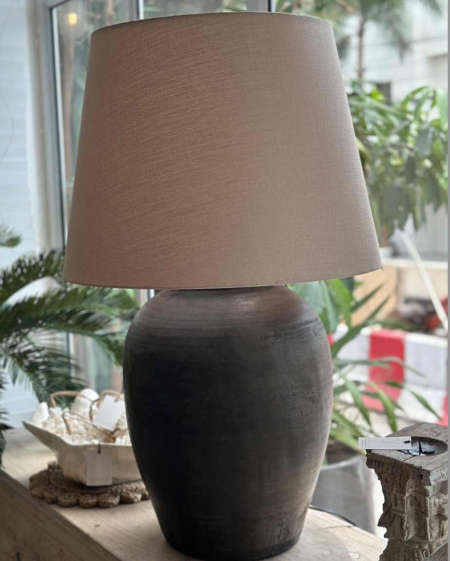 Extra Large Dark Earthenware Lamp with Linen Shade