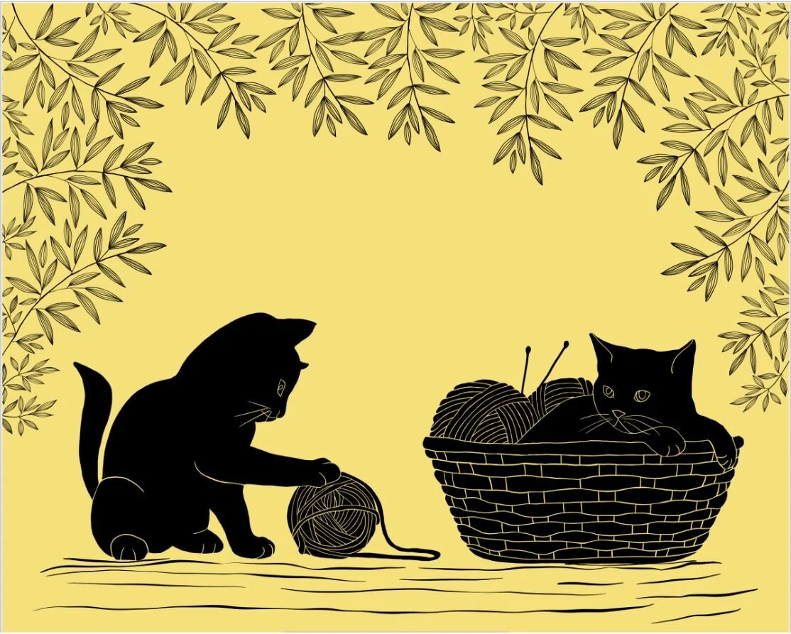 Cats playing with yarn and taking a nap in the yarn basket