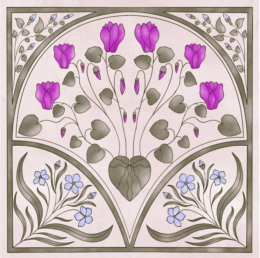 Cyclamen and Oleander Art Nouveau Illustration 