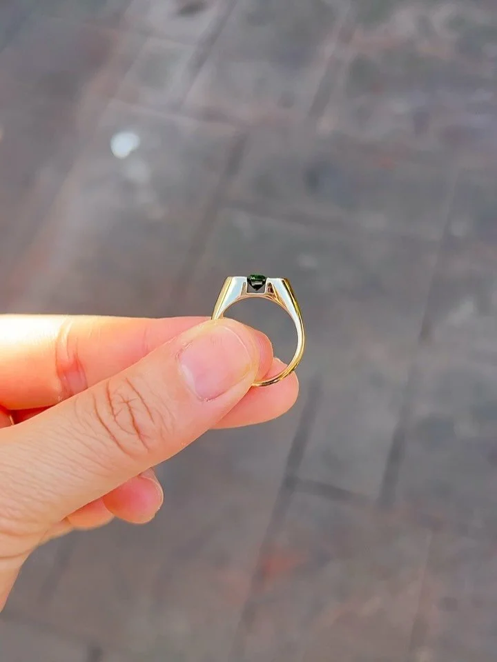 Channel Set Signum Ring &mdash;&mdash; with a Natural Australian Sapphire and yellow gold ⁣
⁣
The most stunning forest green Australian sapphire, the perfect birthday gem for Kaitlyn! 💚✨