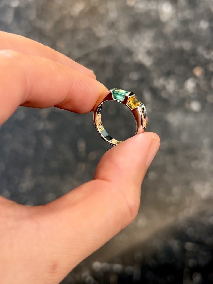 Double Tension Set Band Ring &mdash;&mdash; with a Natural Zambian Emerald, Citrine &amp; 9ct white gold ⁣
⁣
An engagement ring with stones representing each other&rsquo;s birthstones - Emerald for May and Citrine for November, paired with a surprise