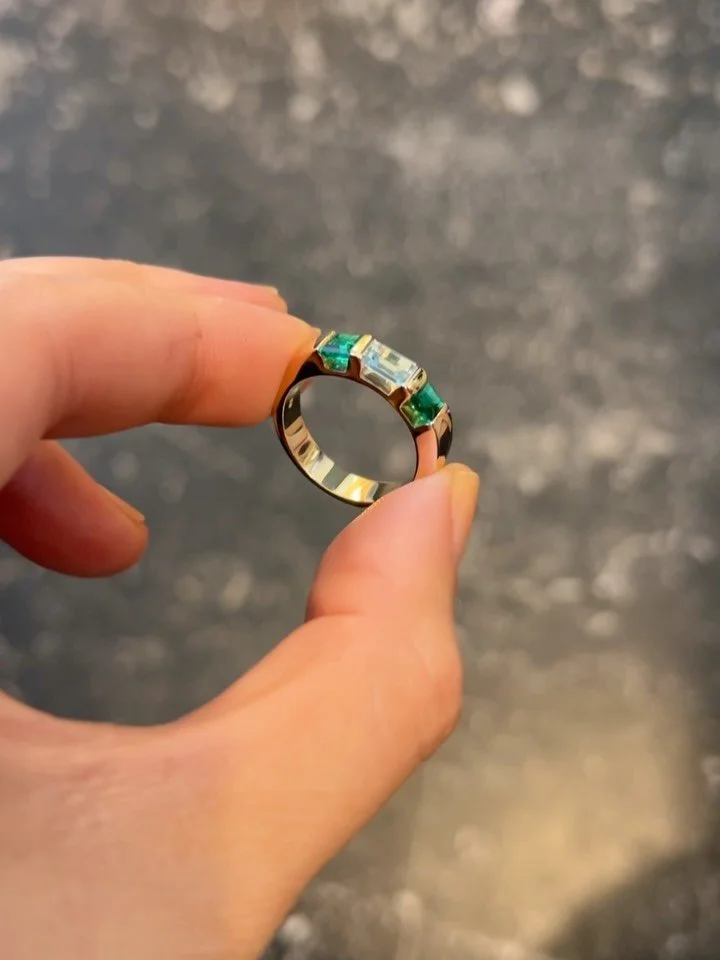 A bespoke piece for Mackenzie &mdash; a Tension Set Band Ring featuring her three children, represented by their birth months in order: May, March, May!

A subtle and meaningful way to carry a little piece of each of them with her, always! 💚🩵💚

La