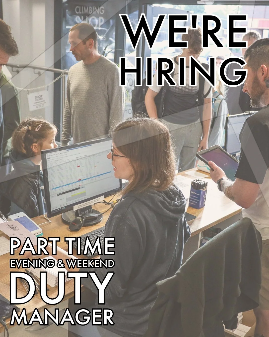 JOB VACANCIES - Duty Manager (Part Time) - TWO Roles available.

Our Duty Managers help ensure a smooth and positive experience for every visitor at Volume 1 Climbing. They are available to support and advise staff in various areas of the centre, inc