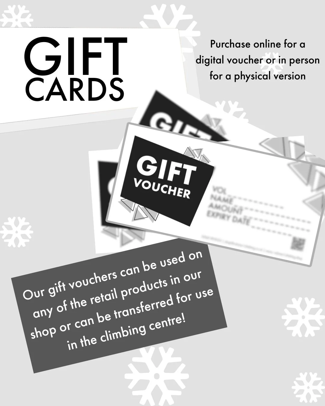 Need a last minute gift? Our Gift Vouchers are perfect! They can be used in either our shop or at the climbing centre. 

Order online @Volume1shop or grab one in person for a physical voucher.