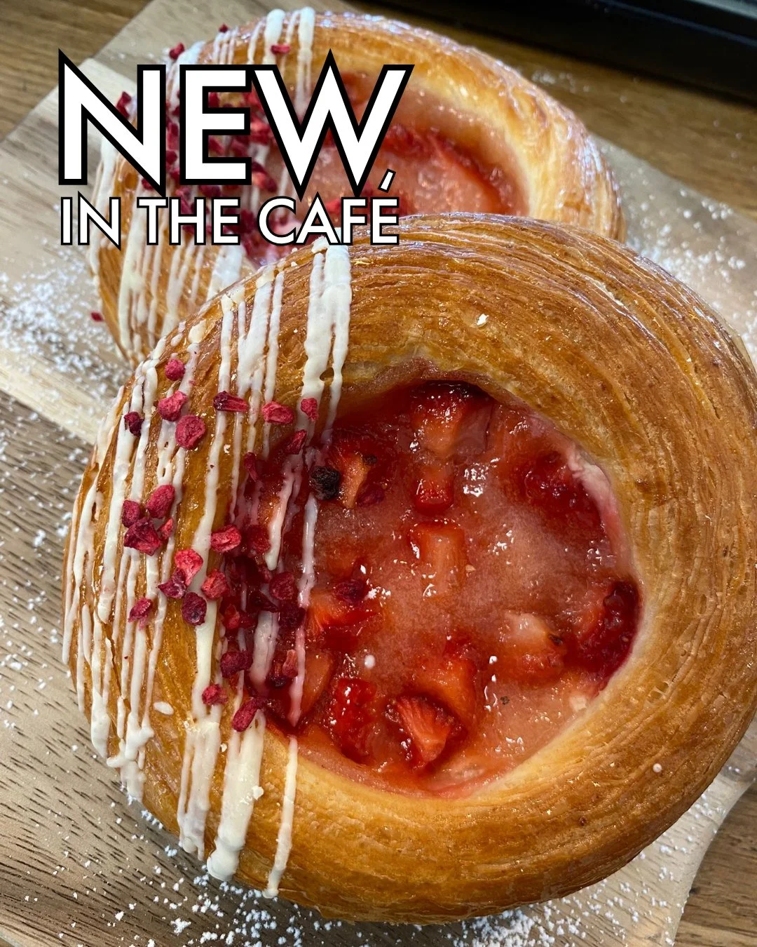 Introducing the Strawberry and Peach Cheesecake Danish 🍓🍰🍑 

A delicious cheesecake centre with fresh strawberries in a peach puree topped with white chocolate and tart raspberry pieces 😋 The perfect climbing break snack?