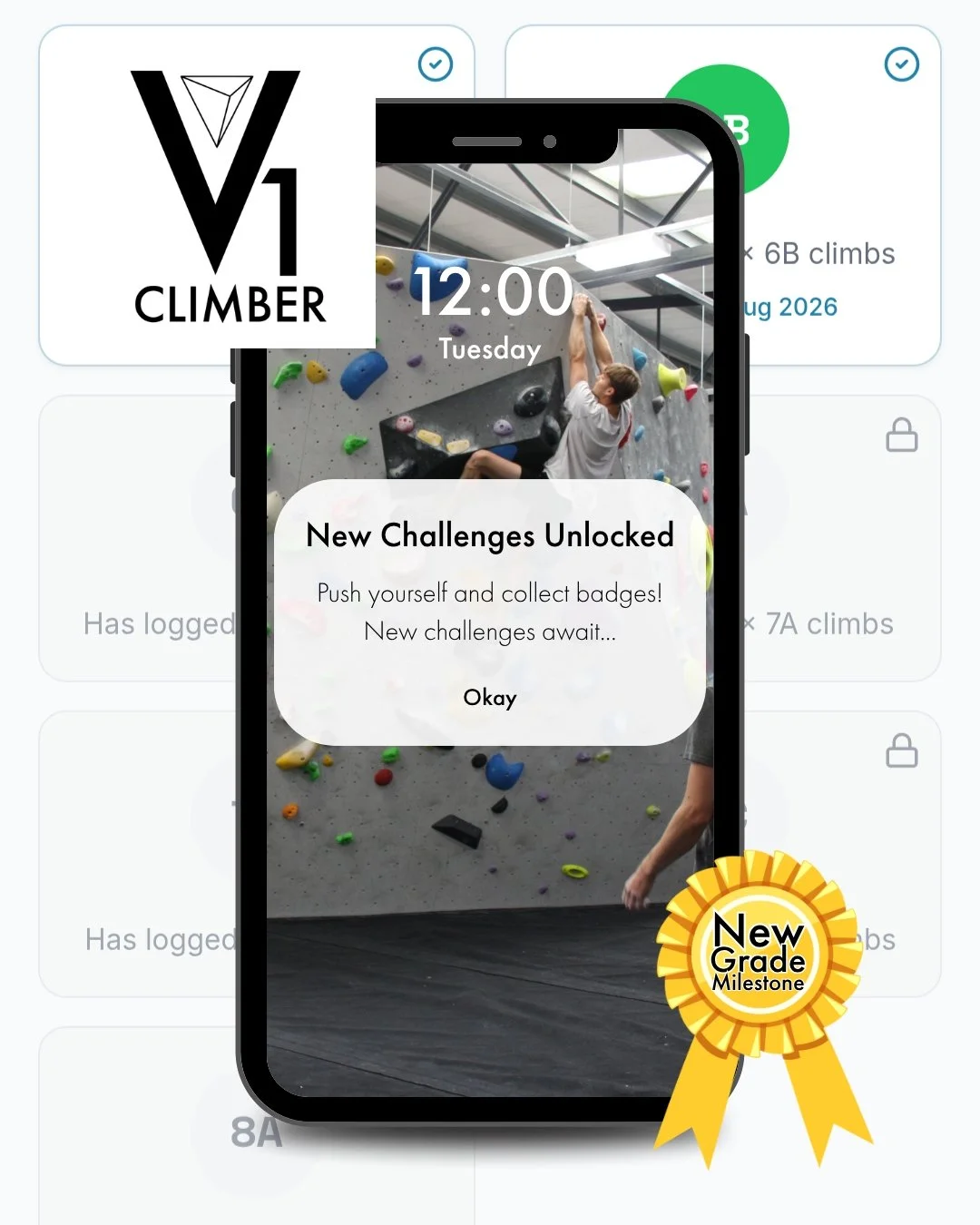 We've had some exciting app updates! Our V1 climber app now has a Challenges page found next to the My Climbs tab. 

Every climb you log goes towards unlocking another badge. All the badges can be viewed in the challenges page so you can see exactly 