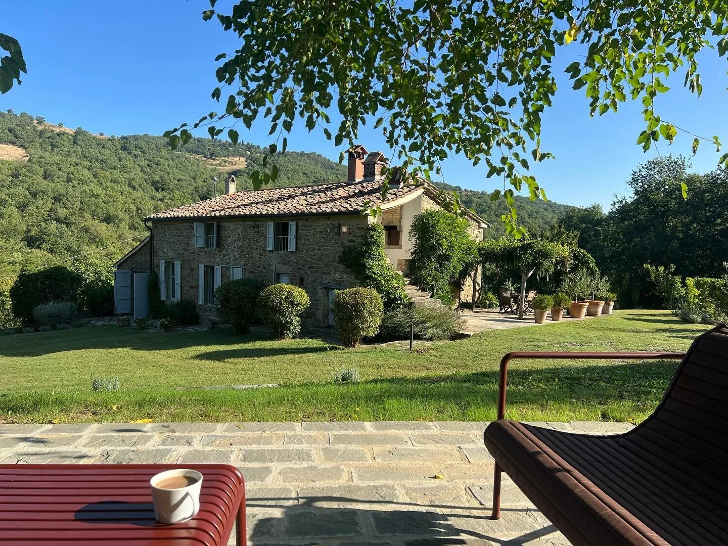 Le Stabbielline from the new patio on the hill in the garden built this year. Morning #lamattina #tuscangardens #tuscany #anghiari