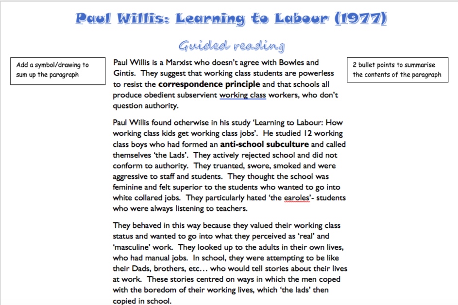 Paul Willis 'Learning to Labour' guided reading
