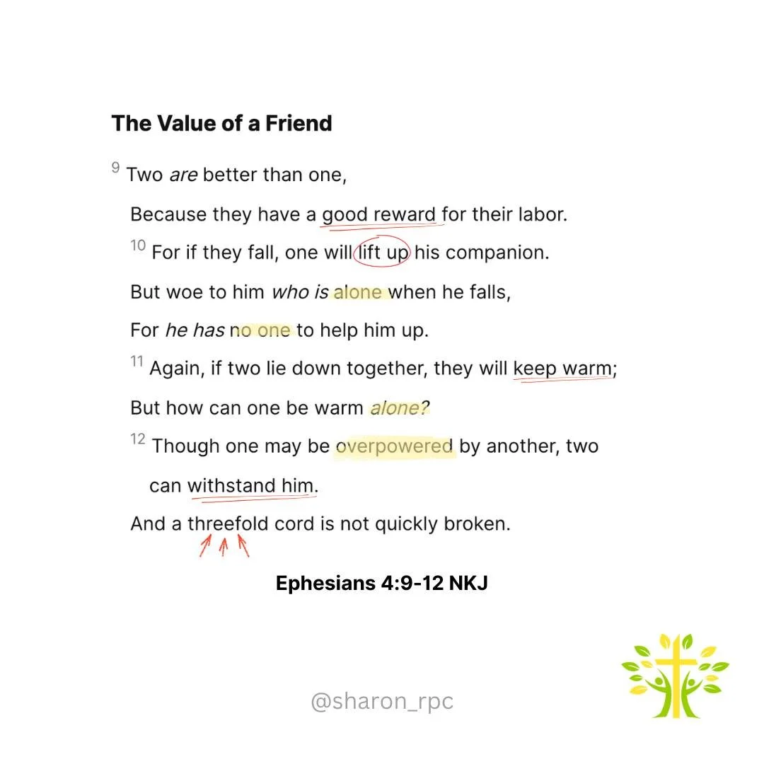 Don&rsquo;t do life alone.

𝐖𝐡𝐚𝐭 𝐰𝐞 𝐥𝐞𝐚𝐫𝐧 𝐟𝐫𝐨𝐦 𝐭𝐡𝐢𝐬 𝐩𝐚𝐬𝐬𝐚𝐠𝐞:
Two are better than one (Ecc. 4:9).
Real friends lift you when you fall.
Presence beats pixels. Share the warmth.
Braid your life with others &mdash; stronger toge