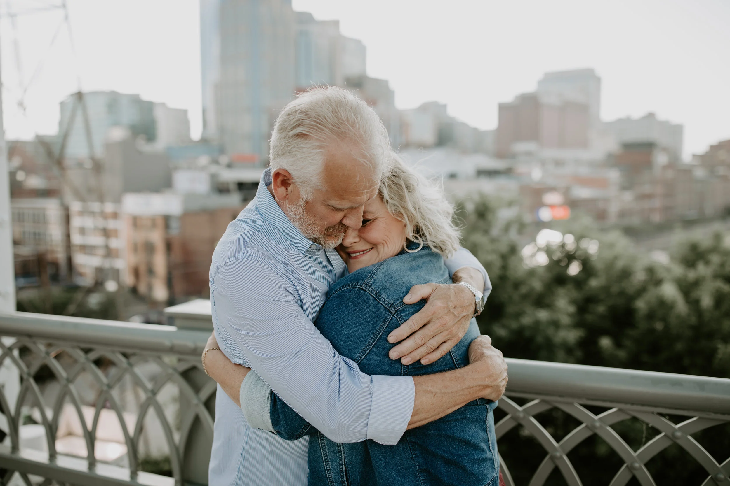 Couples Session with older couple at Pedestrian Bridge in Downtown, Nashville