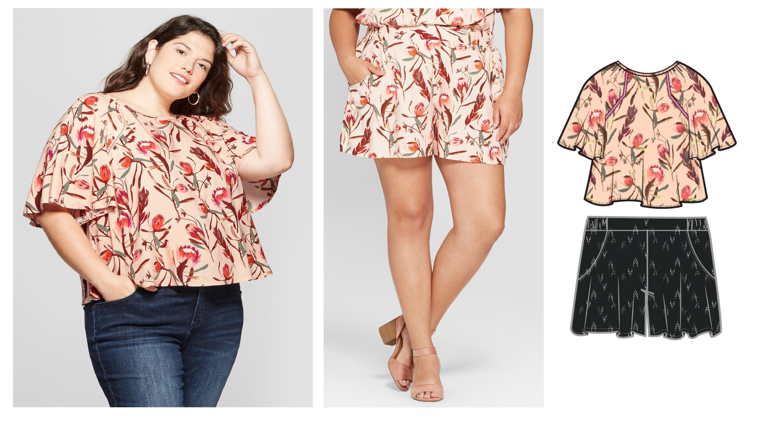 Two Piece Matching Set with Ladder Lace Details to Raglan Sleeve with loose cropped shape paired with Flat front High Waisted Shorts.