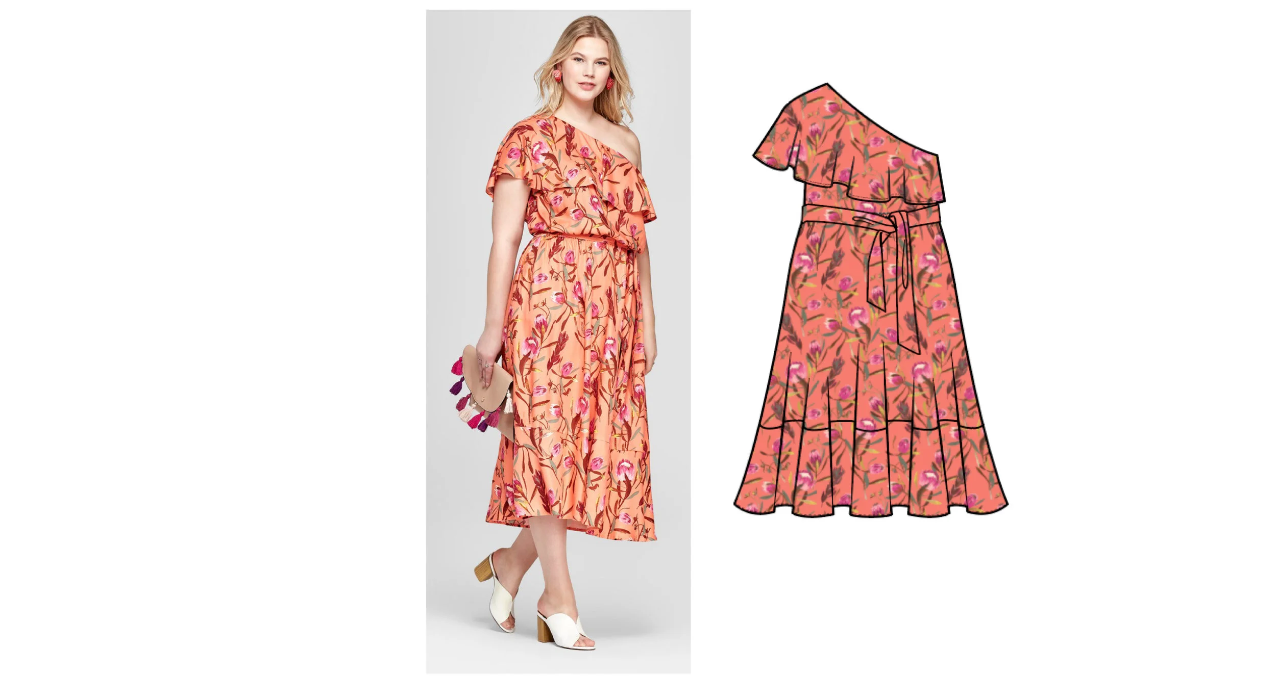 One Shoulder Dress with Ruffle Detail, Tie Waist and Tiered Skirt.