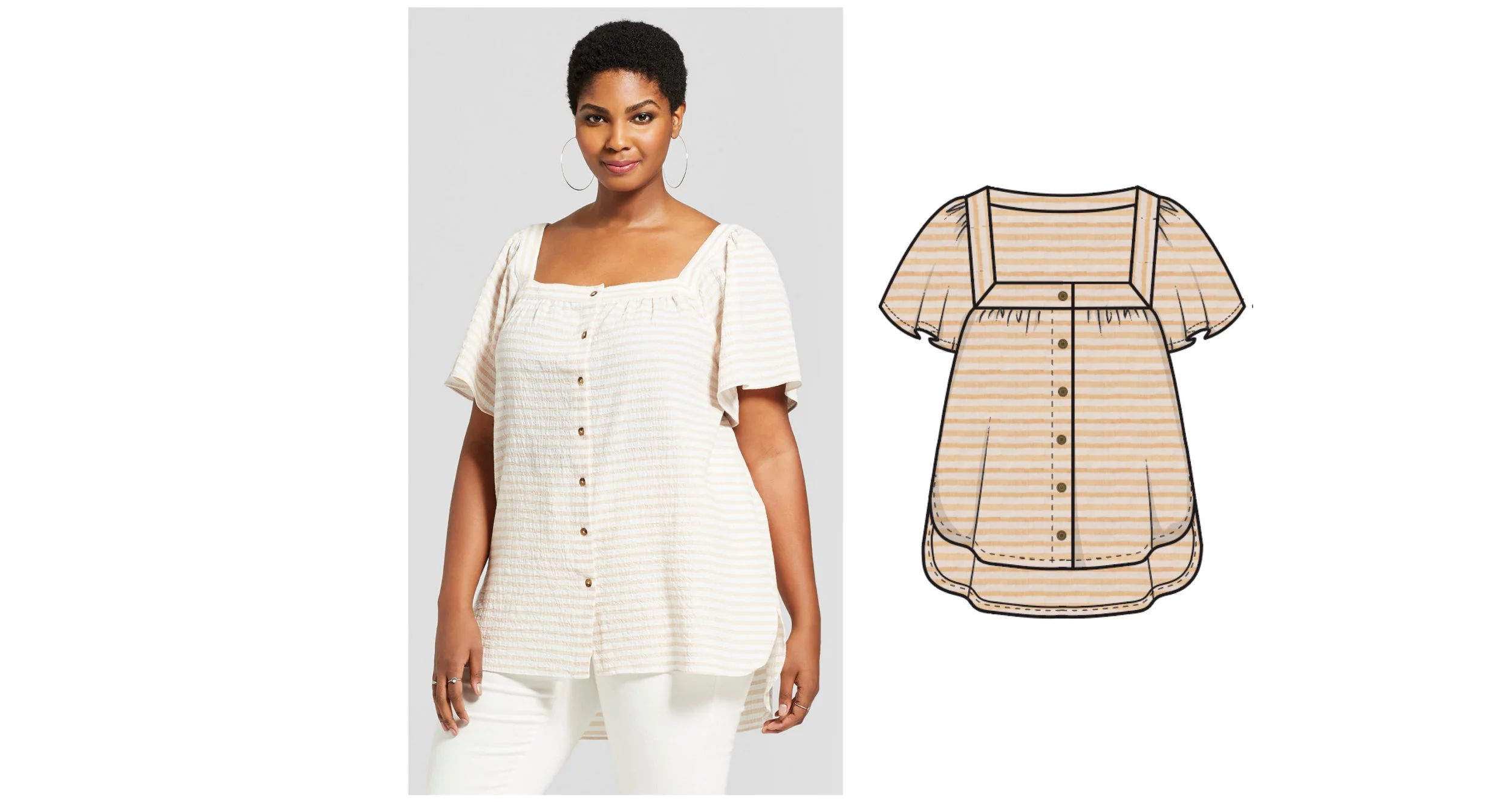 Square Neck Botton Front Top with Step Hem