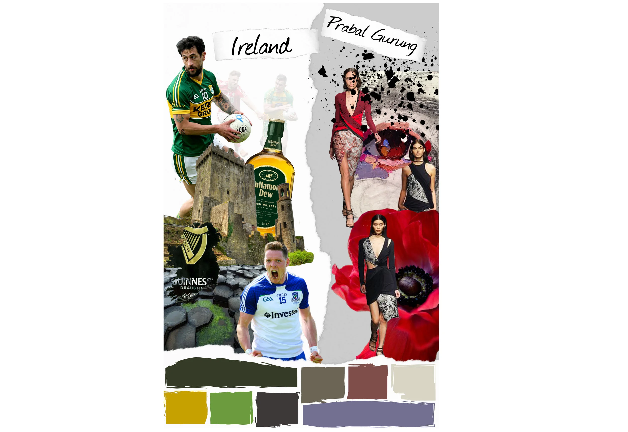 Inspired by Ireland can be seen in Gaelic Football and Alcohol Logo Details. Inspired by Designer Prabal Gurung with feminine fabrics in masculine and athletic silhouettes with cut out details.