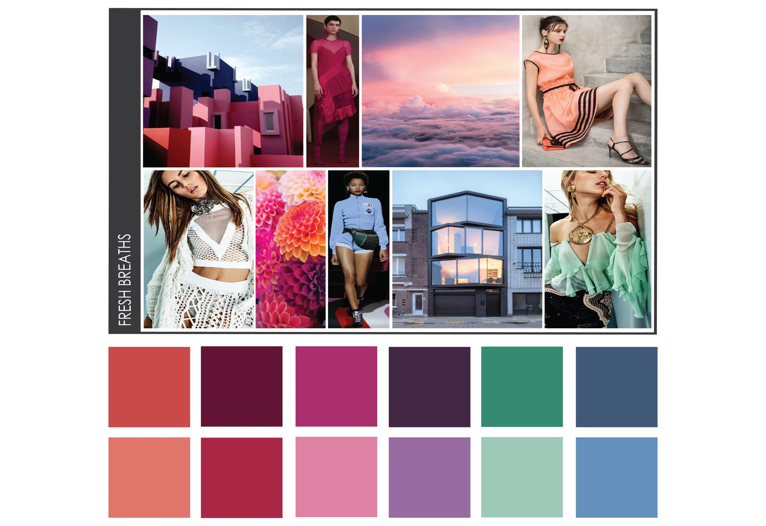 Inspired by Springtime with Bold Floral Inspired colors, Silhouette proportions of fitted contrasted with volume mimicking flower petals from a stem and feminine fabrics with athletic inspiration.