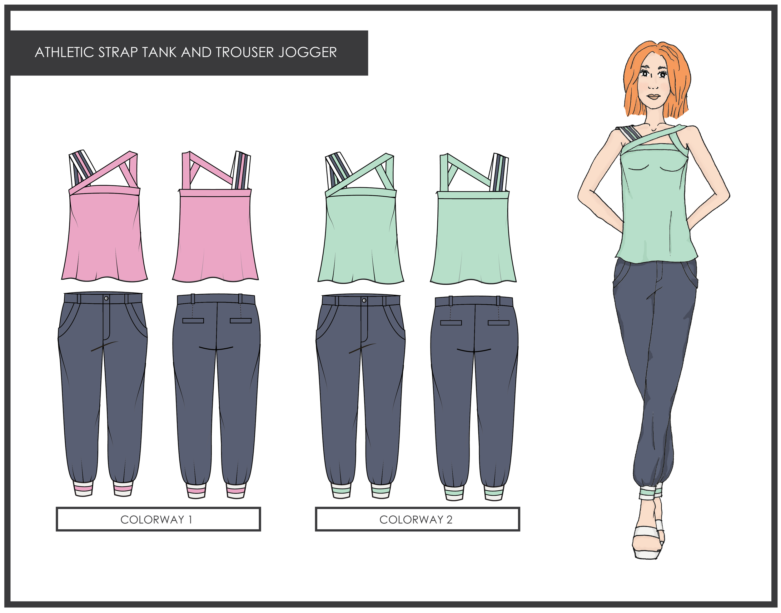 Feminine One Shoulder Top with Athletic Detail Paired With a Menswear Inspired Bottom.
