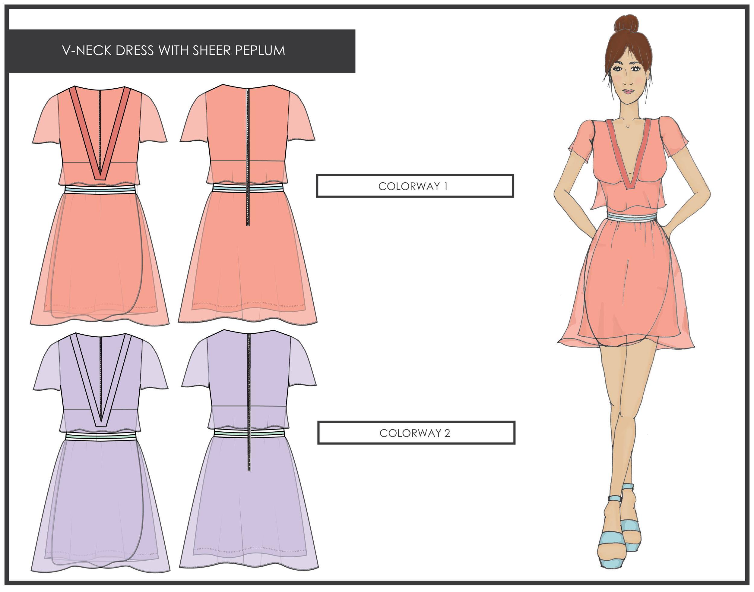 V-Neck Petal Skirt Dress with Athletic Detail at Waist.