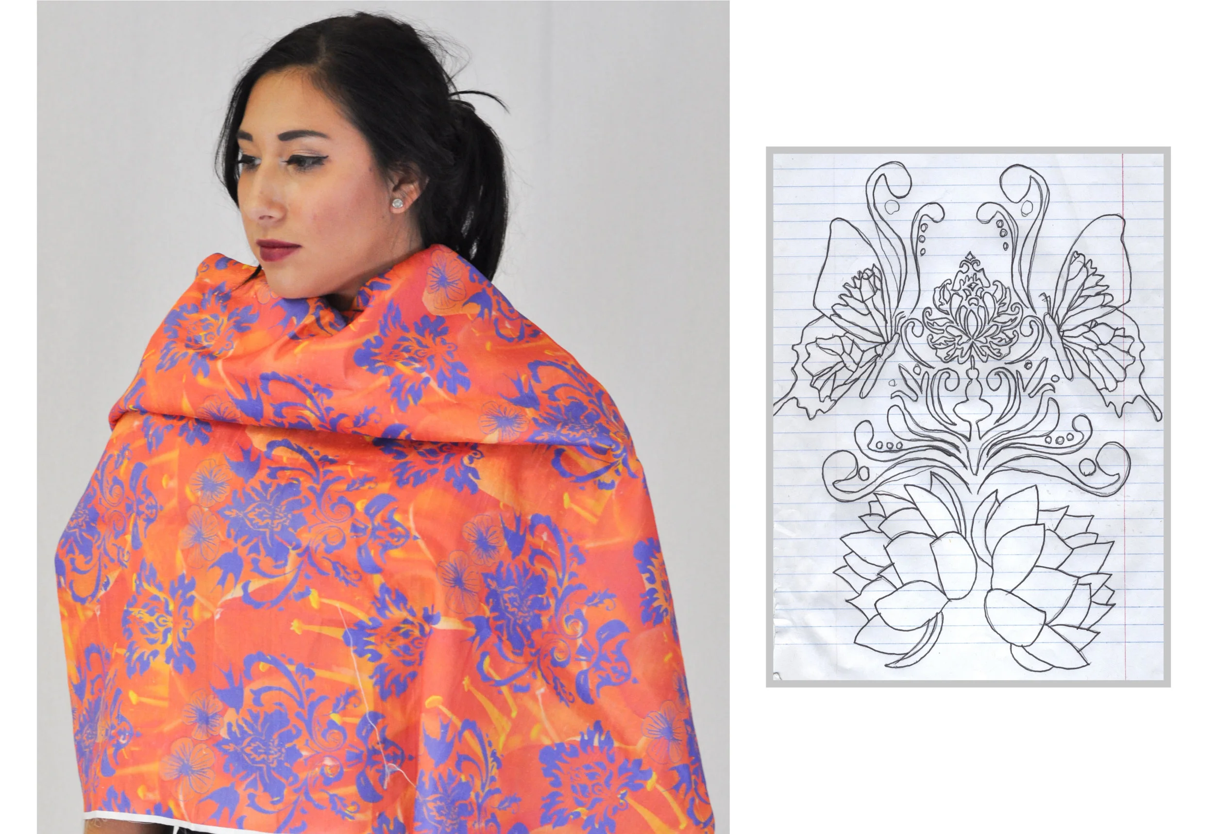 Hand Drawn Damask Print Layered on Top of Floral Background and Digitally Printed onto Fabric 