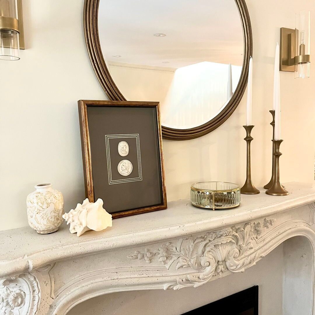 From aged brass candlesticks to weathered photo frames, the mantle becomes a showcase of timeless elegance and enduring charm where you can showcase some of your favorite finds! Had fun finding new pieces to display 💛