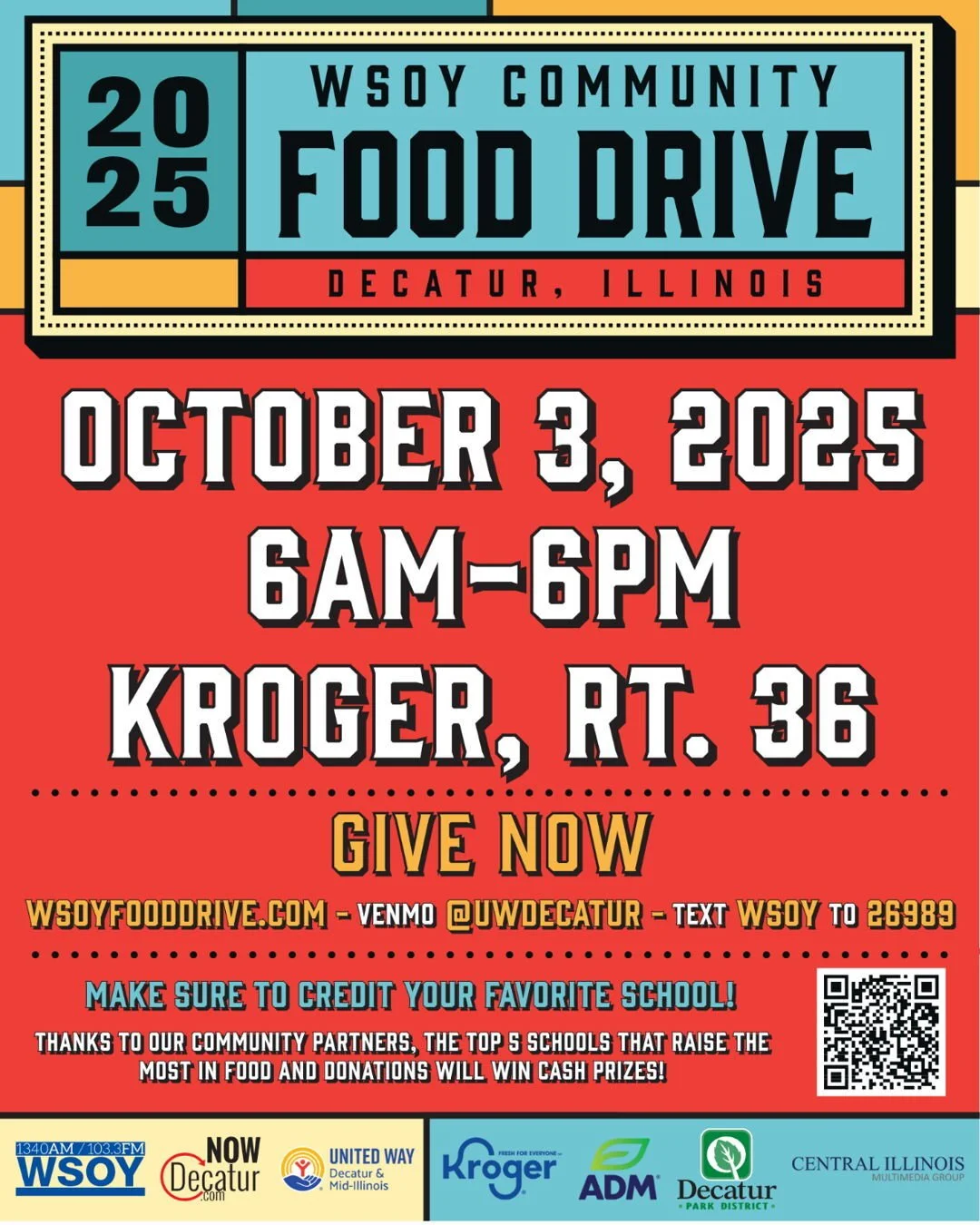 Happening Tomorrow!

The WSOY Community Food Drive is back Friday, October 3rd in Decatur, IL!
This massive, one-day event brings together schools, businesses, and community members to fight hunger and support nearly every local food pantry.

Now in 
