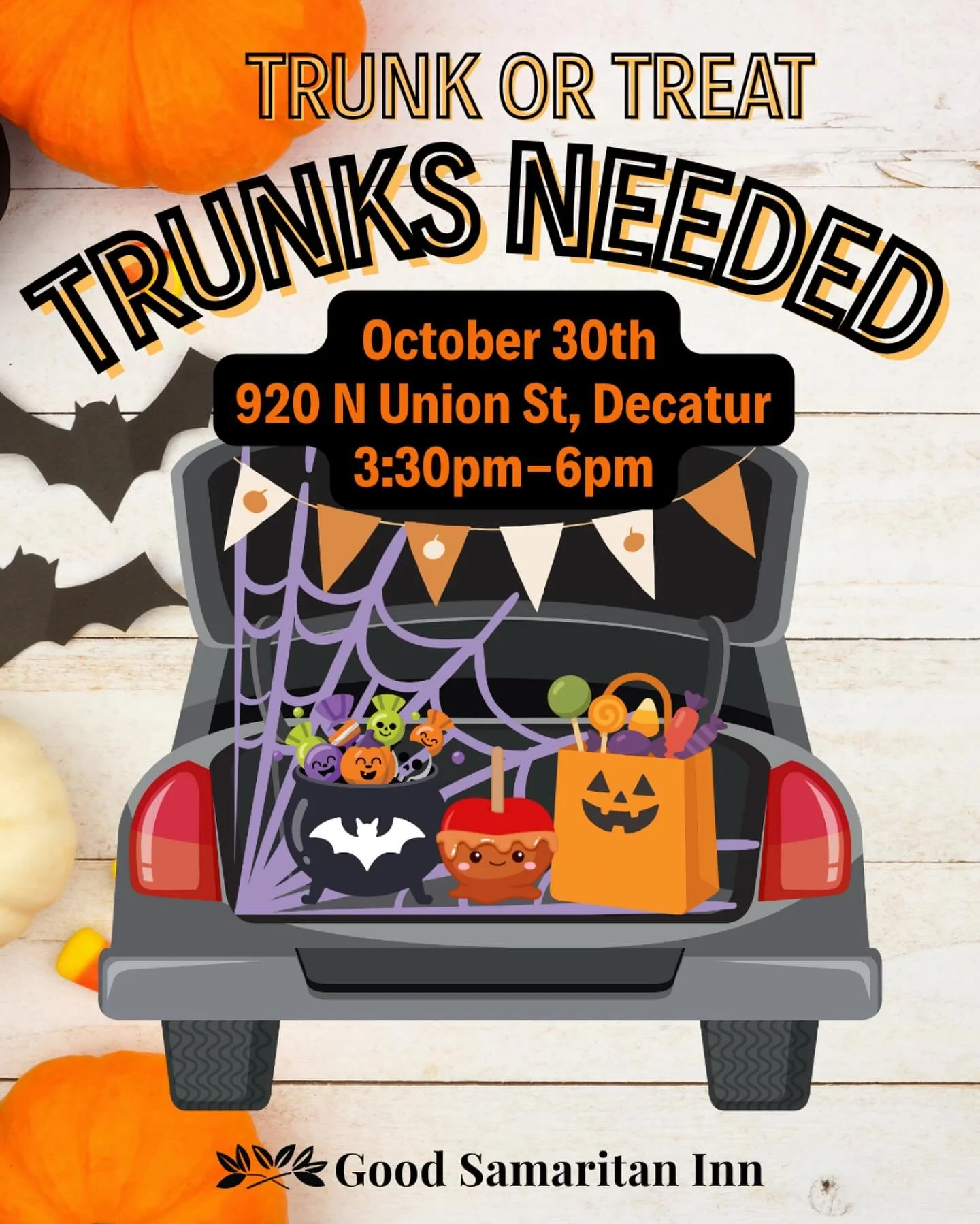 🎃 Trunks Needed! 🚗🍬

Our 4th Annual Trunk or Treat is coming up Thursday, October 30th from 3:30&ndash;6 PM, and we need your help to make it a spooky success! 👻

We&rsquo;re looking for volunteers to decorate their trunks and hand out candy to t