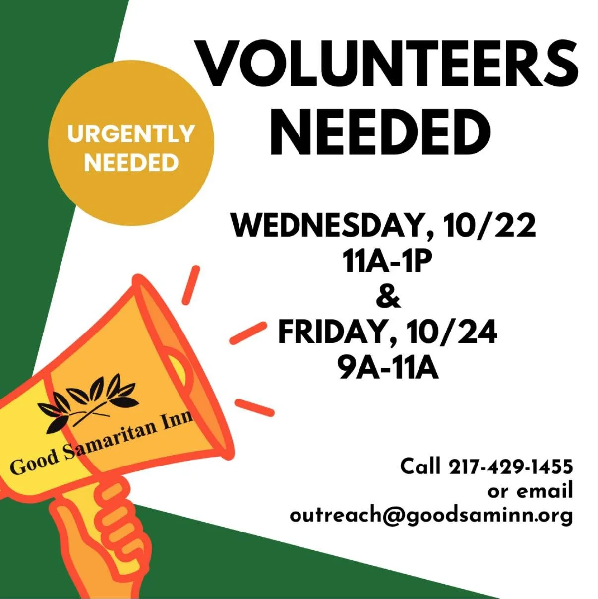 We have 2 open volunteer shifts next week- can you help? 
Our 9a-11a shift involves preparing food and sack lunches, while our 11a-1p shift involves serving our patrons food behind a cafeteria style line. 
Dates/ shifts are listed in the picture.
G