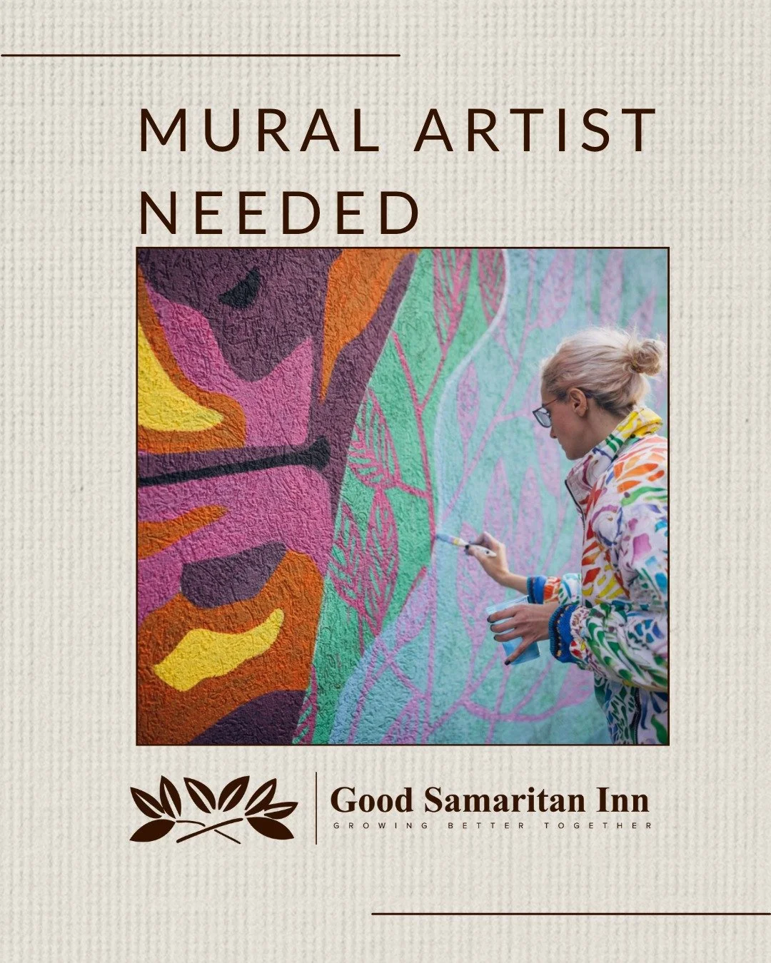The Good Samaritan Inn is seeking artists to bring color and life to our community spaces!

Thanks to a generous grant, we&rsquo;re commissioning two murals that celebrate brightness, warmth, and the spirit of togetherness. One mural will enhance our