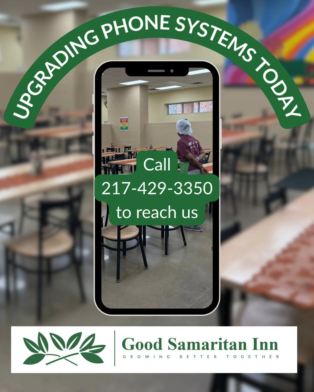Good Sam is getting a phone upgrade today. 

While our main phone line is in limbo, please give us a call at 217-429-3350 or email office@goodsaminn.org