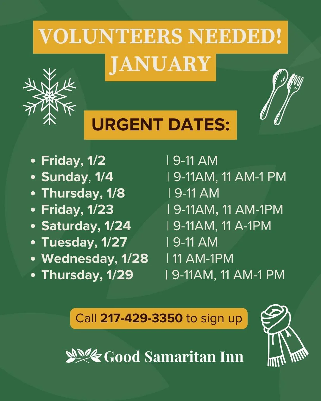 VOLUNTEERS NEEDED FOR JANUARY

January can be an especially important time to show up for our neighbors. For some, our dining room is more than a meal. It&rsquo;s a warm, welcoming space to be seen, treated with dignity, and feel a little less alone.