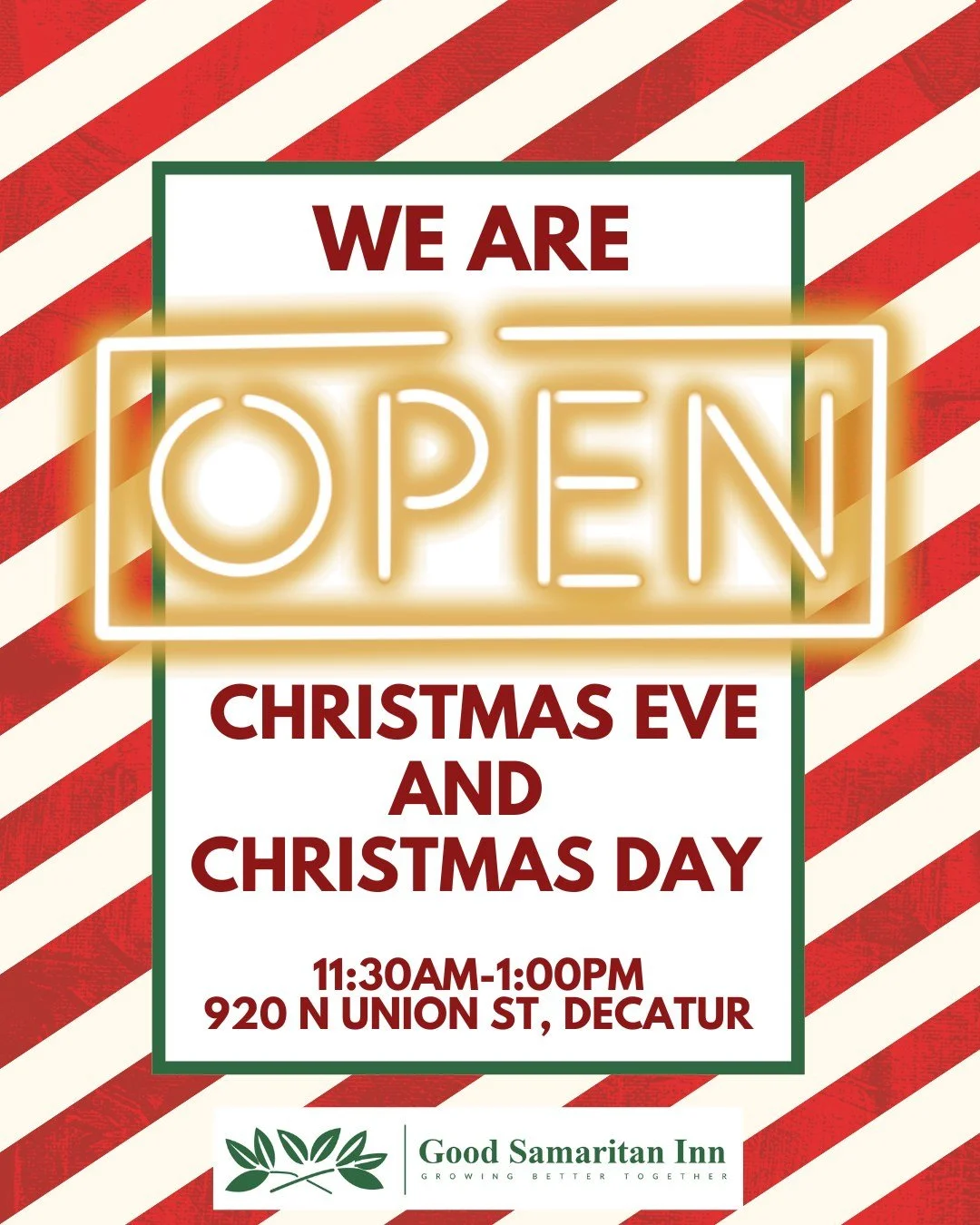 Good Samaritan Inn will be OPEN on Christmas Eve and Christmas Day to anyone in need of a meal. 

We are thankful for our volunteers and dedicated staff who make this possible. 

Come see us 11:30am-1:00pm, 365 days a year.