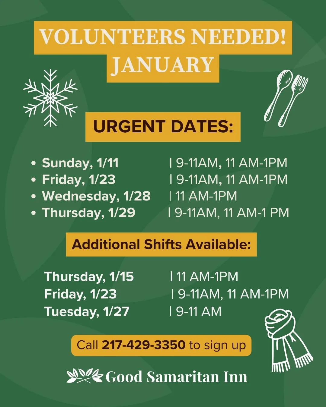 UPDATE VOLUNTEER NEEDS FOR JANUARY

Thank you to those who have signed up so far!
At Good Sam, we serve 175&ndash;275 guests every single day and we need your help to make it happen.
Whether you&rsquo;re chopping vegetables in the kitchen or offering