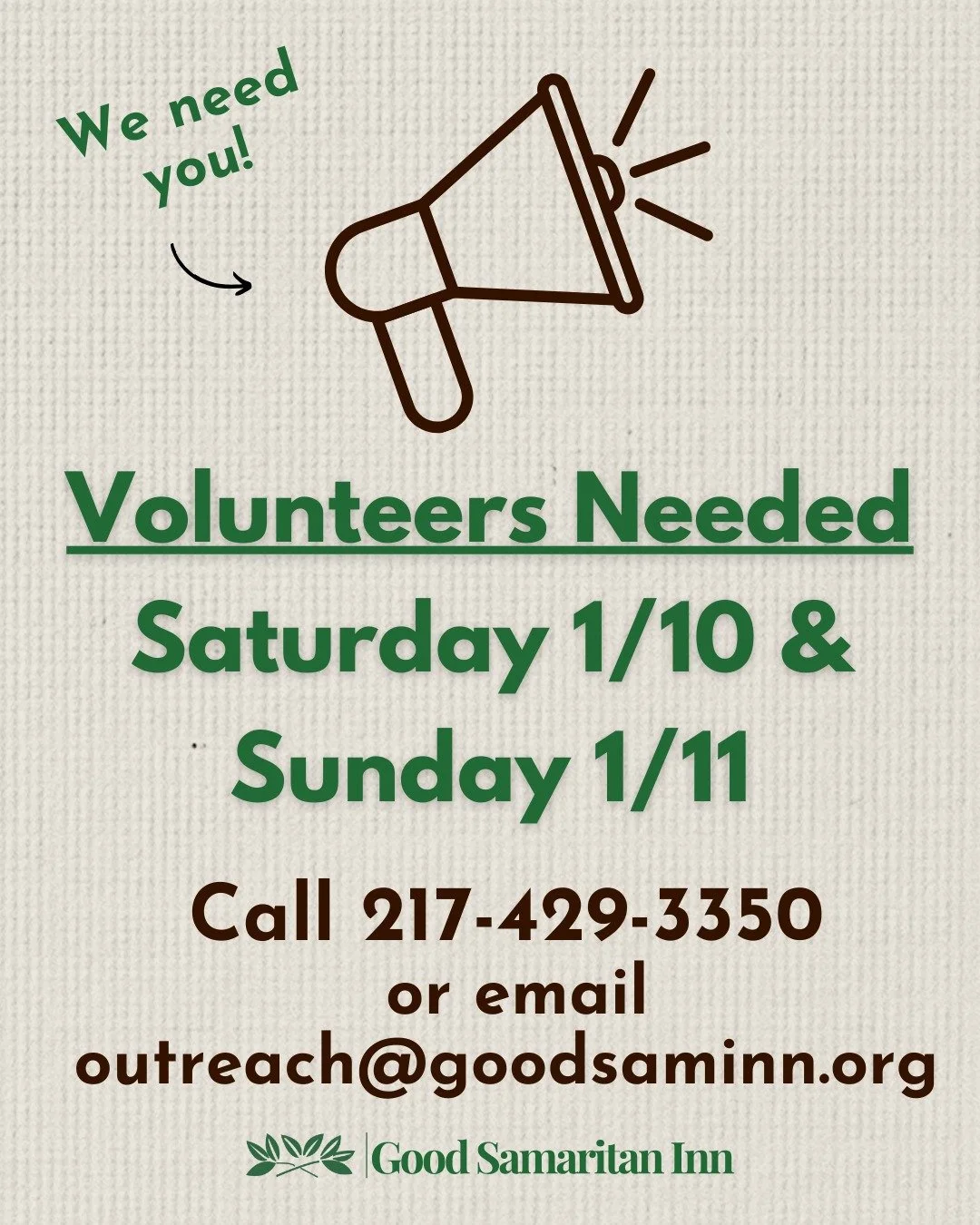 VOLUNTEER HELP NEEDED

Good Sam is looking for volunteers to help with both prep and serving shifts this upcoming weekend!

We need 1-2 more people from 9:00 a.m. to 11:00 a.m. to help with tasks such as chopping vegetables, making sandwiches, packin
