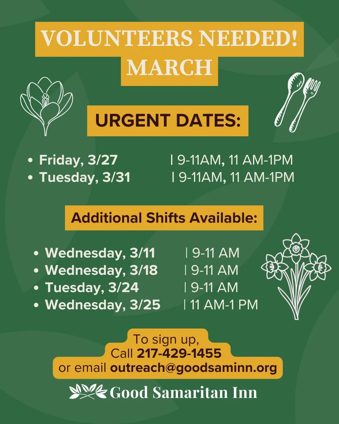 MARCH VOLUNTEERS NEEDED

March is right around the corner, carrying that first hint of spring. The season of renewal, longer light, and fresh starts is almost here. 🌱

If you&rsquo;ve been thinking about trying something new this year, consider step