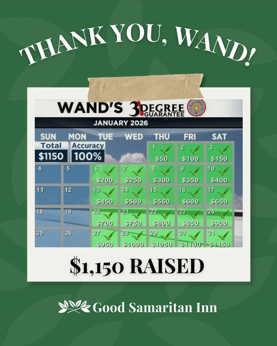 A huge thank you to WAND for selecting us as January&rsquo;s Charity of the Month!

Through WAND&rsquo;s 3 Degree Guarantee, $50 was donated for every weekday the forecast landed within three degrees. Their meteorologists proved they truly know their