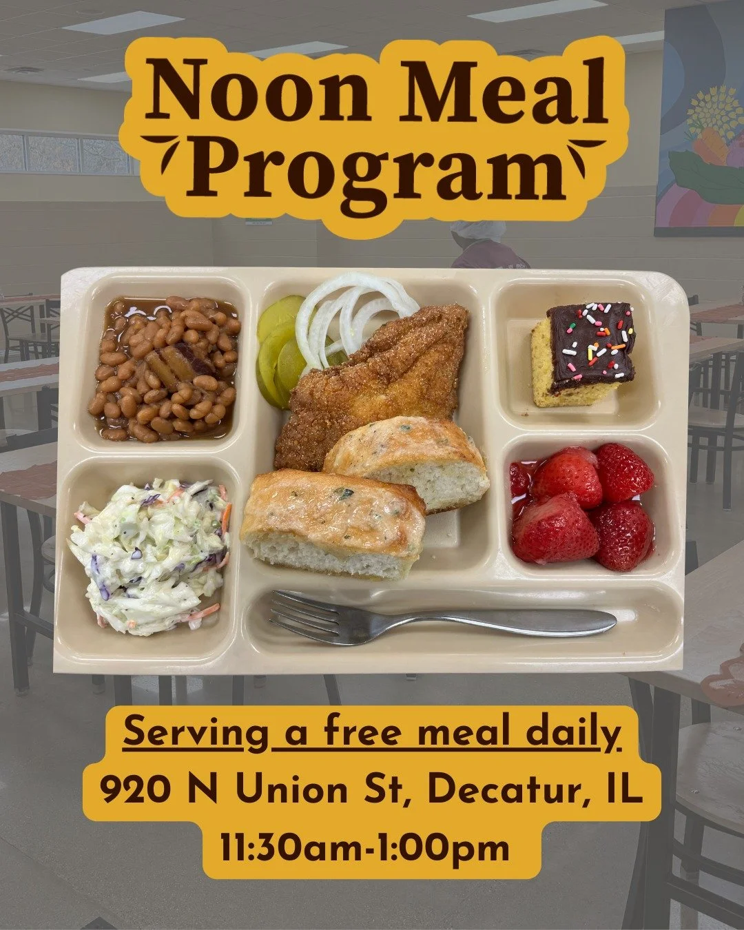 Thanks to Chef Kenny for frying up this incredible fish feast recently! The homemade breading on the catfish was a crowd favorite.

This meal came together thanks to many generous hands in our community. The catfish and strawberries were donated thro