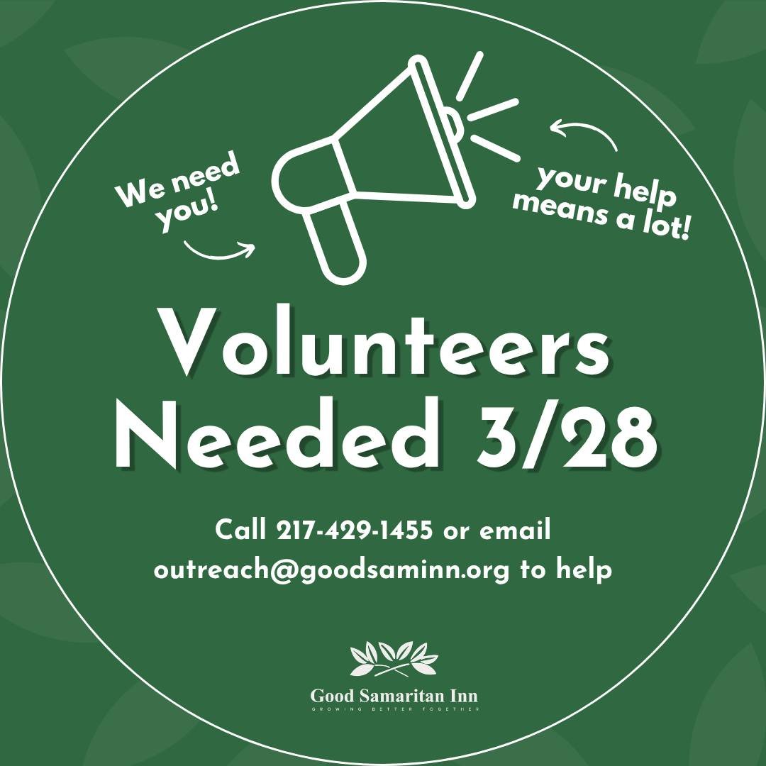VOLUNTEERS NEEDED &ndash; SATURDAY, MARCH 28

We&rsquo;re looking for helping hands to keep the kitchen humming all day long at Good Samaritan Inn. Can you jump in?

🥪 Prep Shift | 9:00&ndash;11:00 AM
Help bring the meal to life&mdash;chopping, open