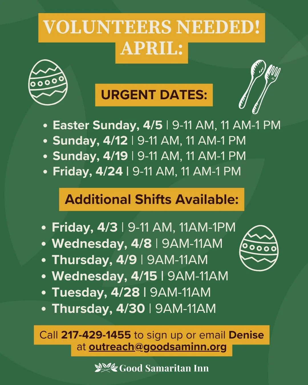 APRIL VOLUNTEERS NEEDED

April is quickly approaching, and spring is in full swing. Longer days, fresh blooms, and a season that reminds us how powerful new beginnings can be. 🌷

If you&rsquo;ve been looking for a way to make a difference, this is a