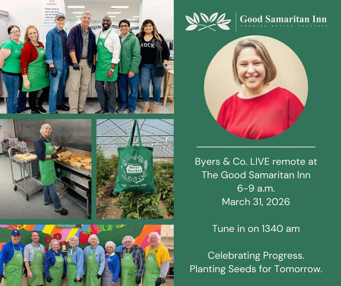 Byers &amp; Co will be hosting their radio show LIVE at Good Samaritan Inn tomorrow, March 31st from 6a-9a. 

Tune in to 1340AM to hear from a few of Good Sam's donors, volunteers, staff, and board, as well as a funding goal announcement, throughout 